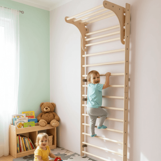 Kletterwand für Kinder aus Holz mit verstellbarer Klimmzugstange im Spielzimmer