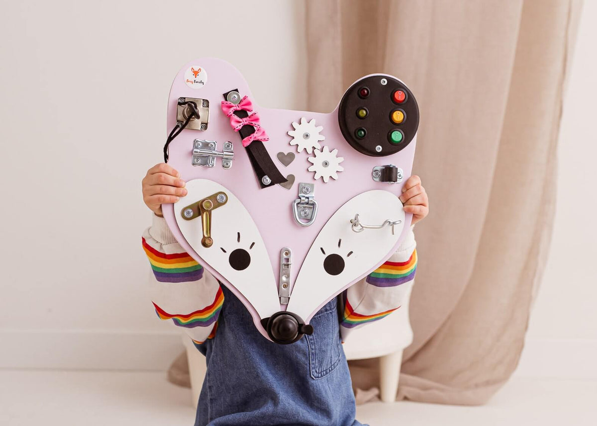 Mini Motorikbrett Fuchs in Pink aus Holz