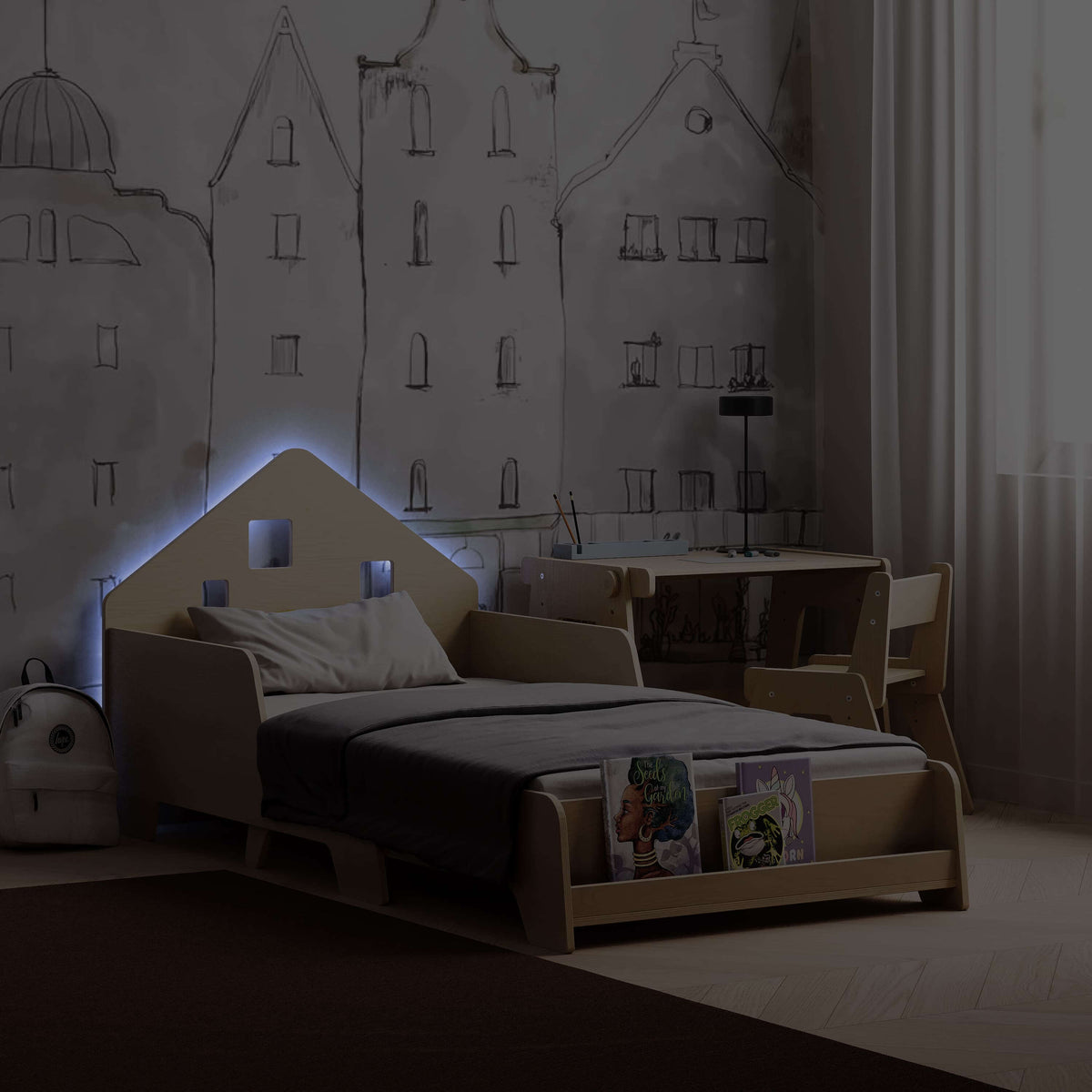 Höhenverstellbares Montessori Kinderbett mit Licht