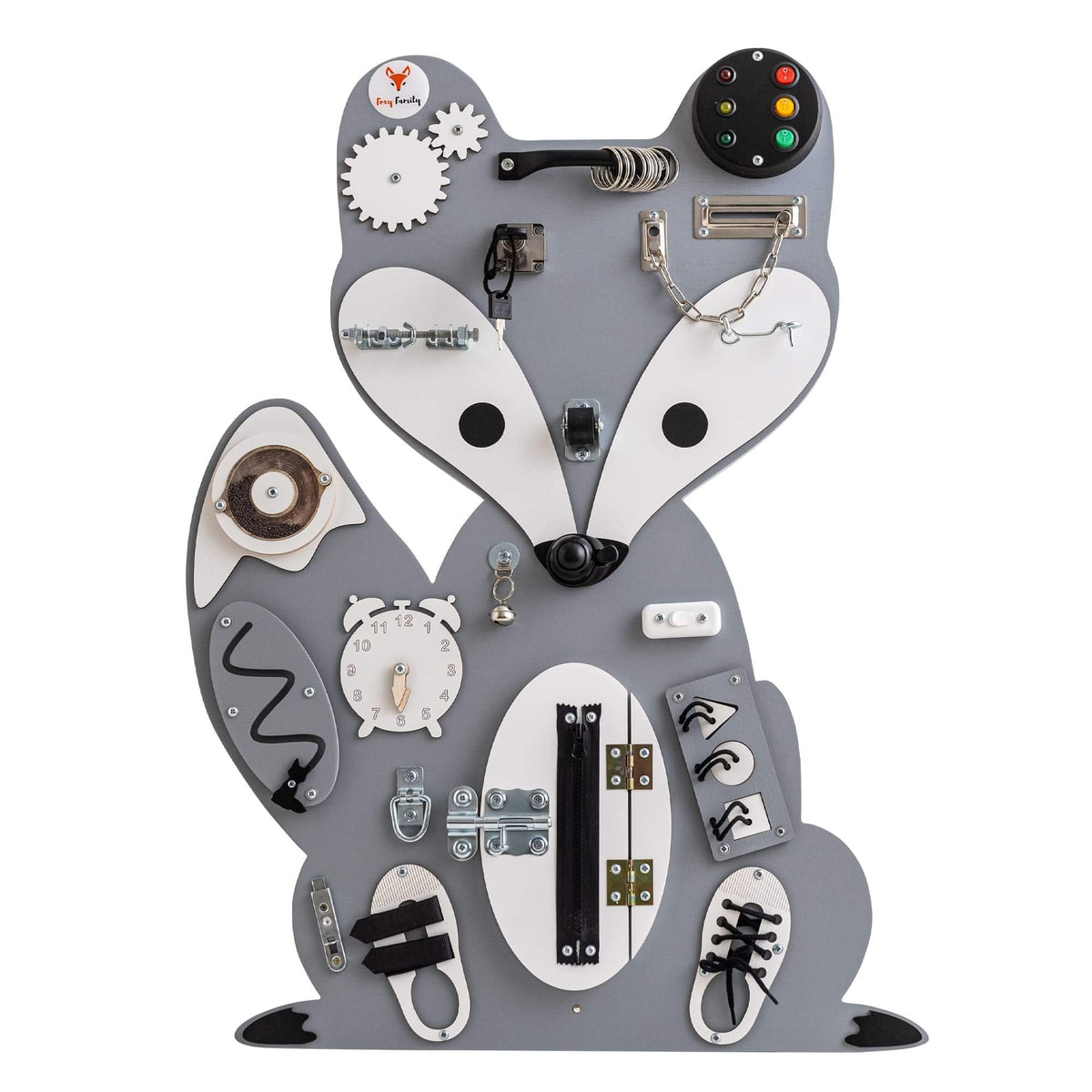 Motorikwand Fuchs in Grau aus Holz