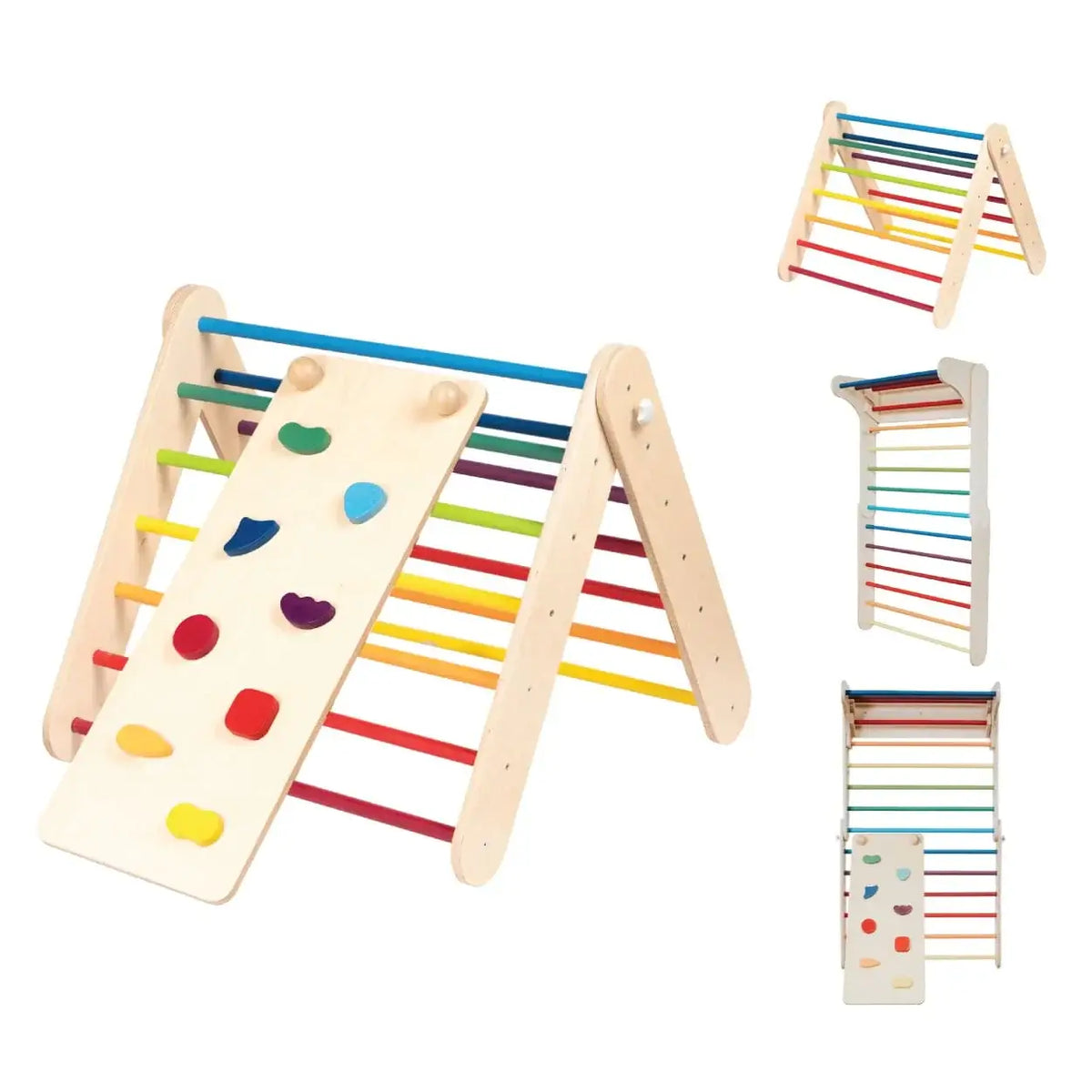 Buntes Pikler Kletterdreieck mit Rampe und Sprossenwand, platzsparend umbaubar