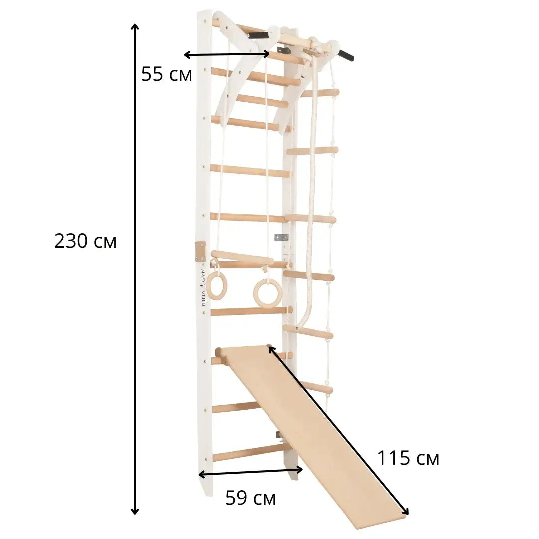 Weiße Sport Kletterwand mit Klimmzugstange und Rutsche