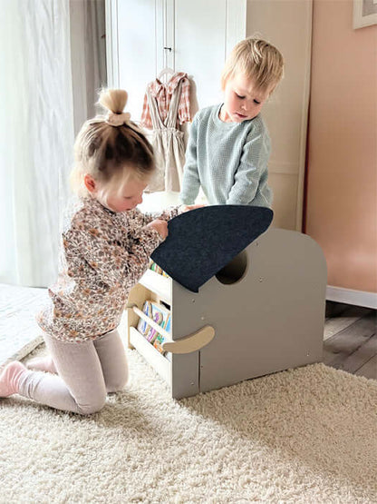 Spielzeugbox Elefant mit Sitzfläche und Regal aus Holz