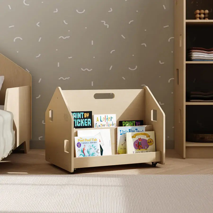Doppelseitiges Bücherregal auf Rädern für Kinder