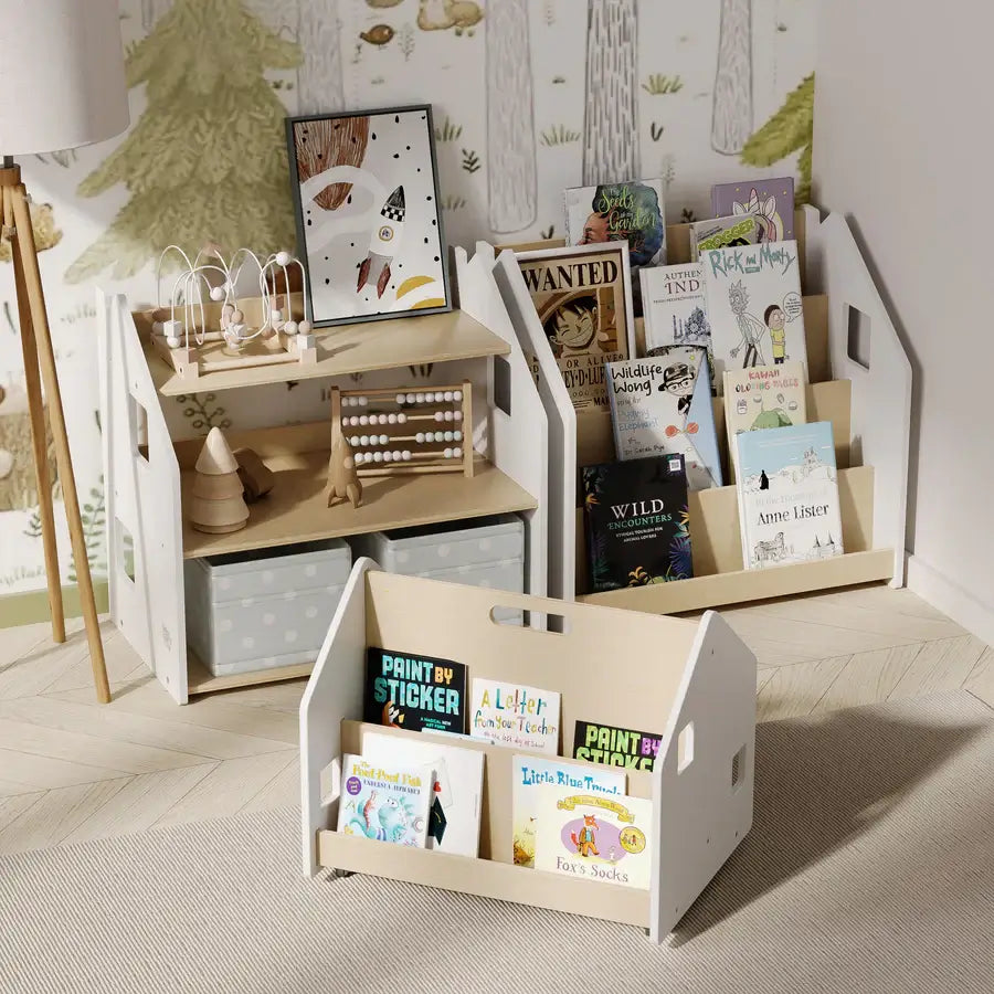 Fahrbares doppelseitiges Bücherregal aus Holz