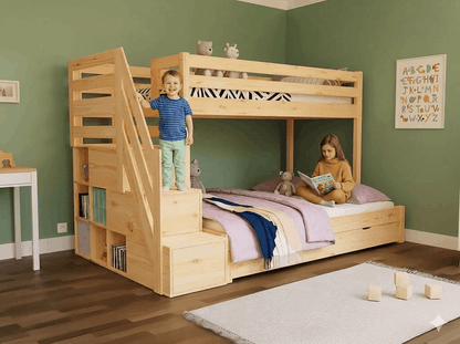 Holz Etagenbett HANNES mit Stufenregal und Stufenleiter