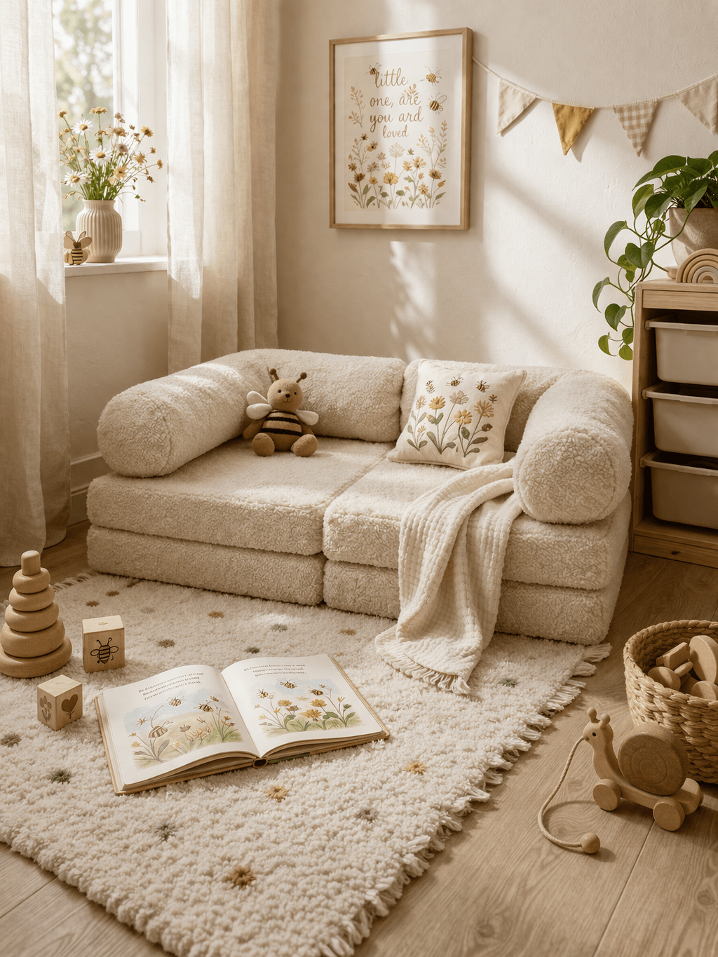 Kindersofa Teddy Cream – kuscheliger Teddyplüsch-Bezug in Creme
