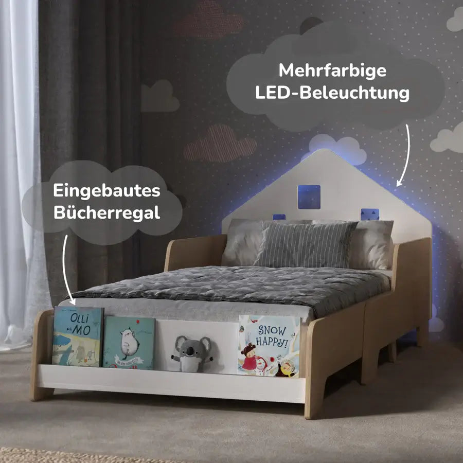 Weißes Montessori Kinderbett mit Rausfallschutz und Beleuchtung