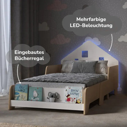Weißes Montessori Kinderbett mit Rausfallschutz und Beleuchtung