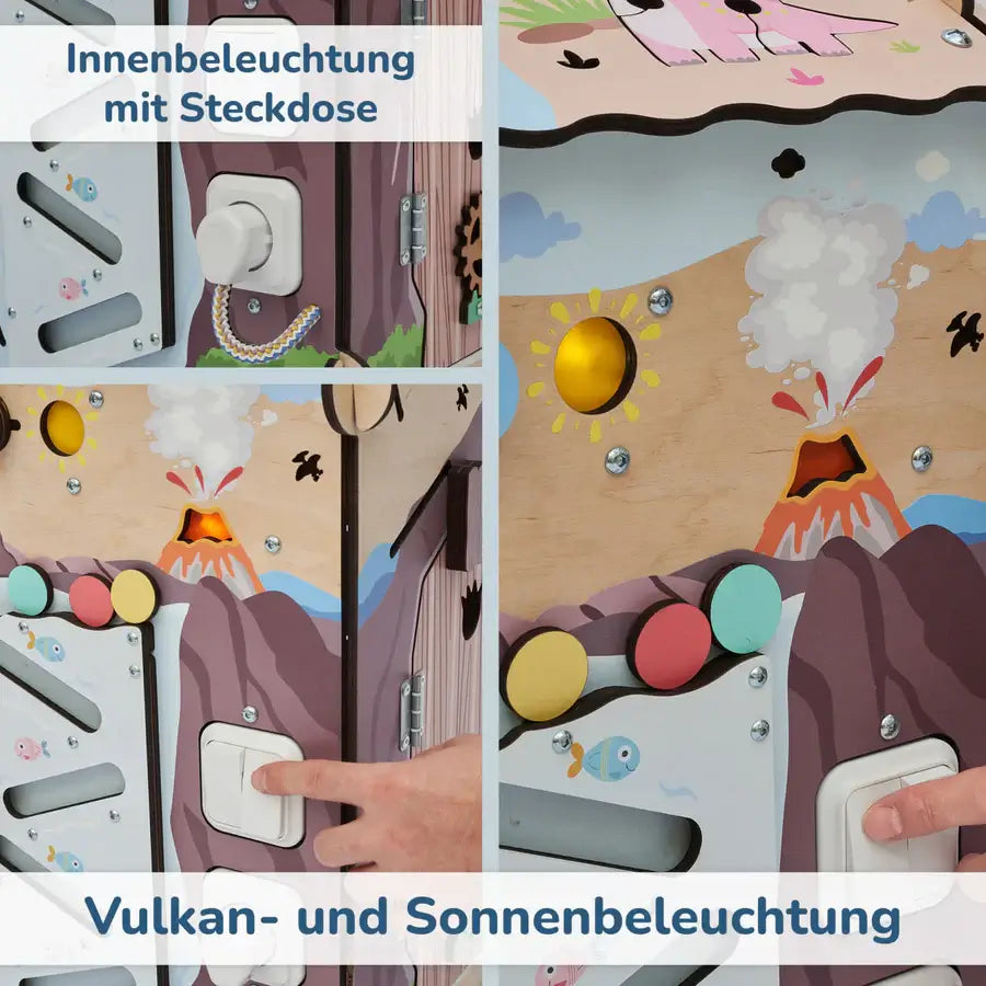 Motorikhaus Dino aus Holz mit vielen Funktionen