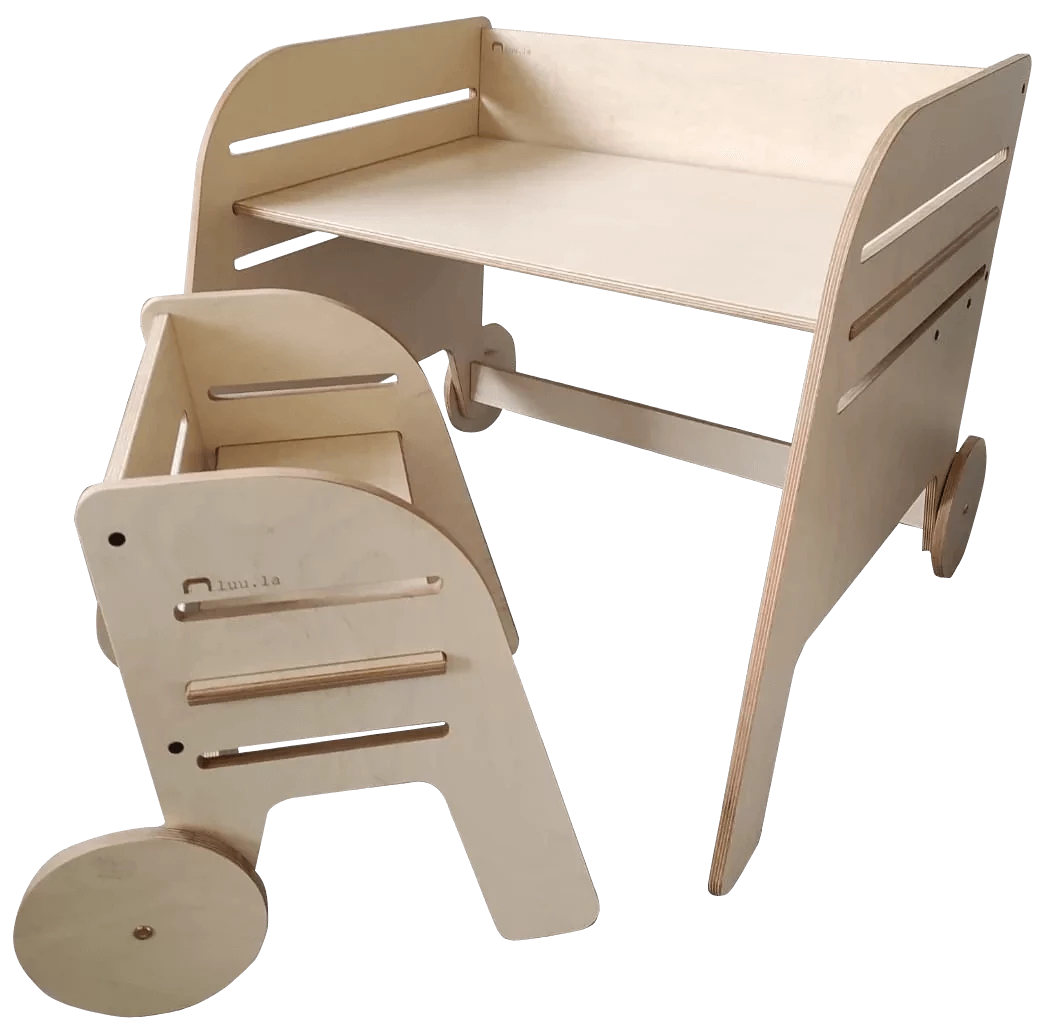 Höhenverstellbarer Kinderschreibtisch Rad mit Stuhl aus Holz