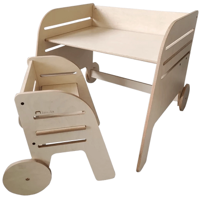 Höhenverstellbarer Kinderschreibtisch Rad mit Stuhl aus Holz