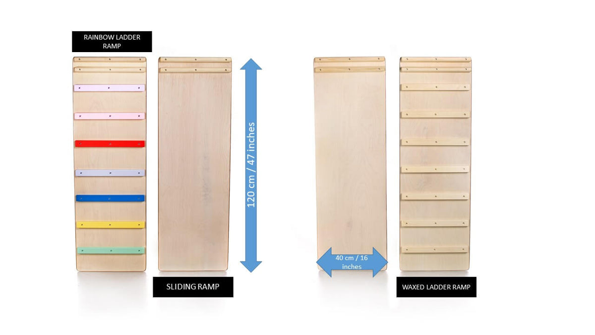 Kletterdreieck verstellbar für Kinder, versch. Farben mit Rainbow Ladder Ramp und Sliding Ramp Abbildungen.